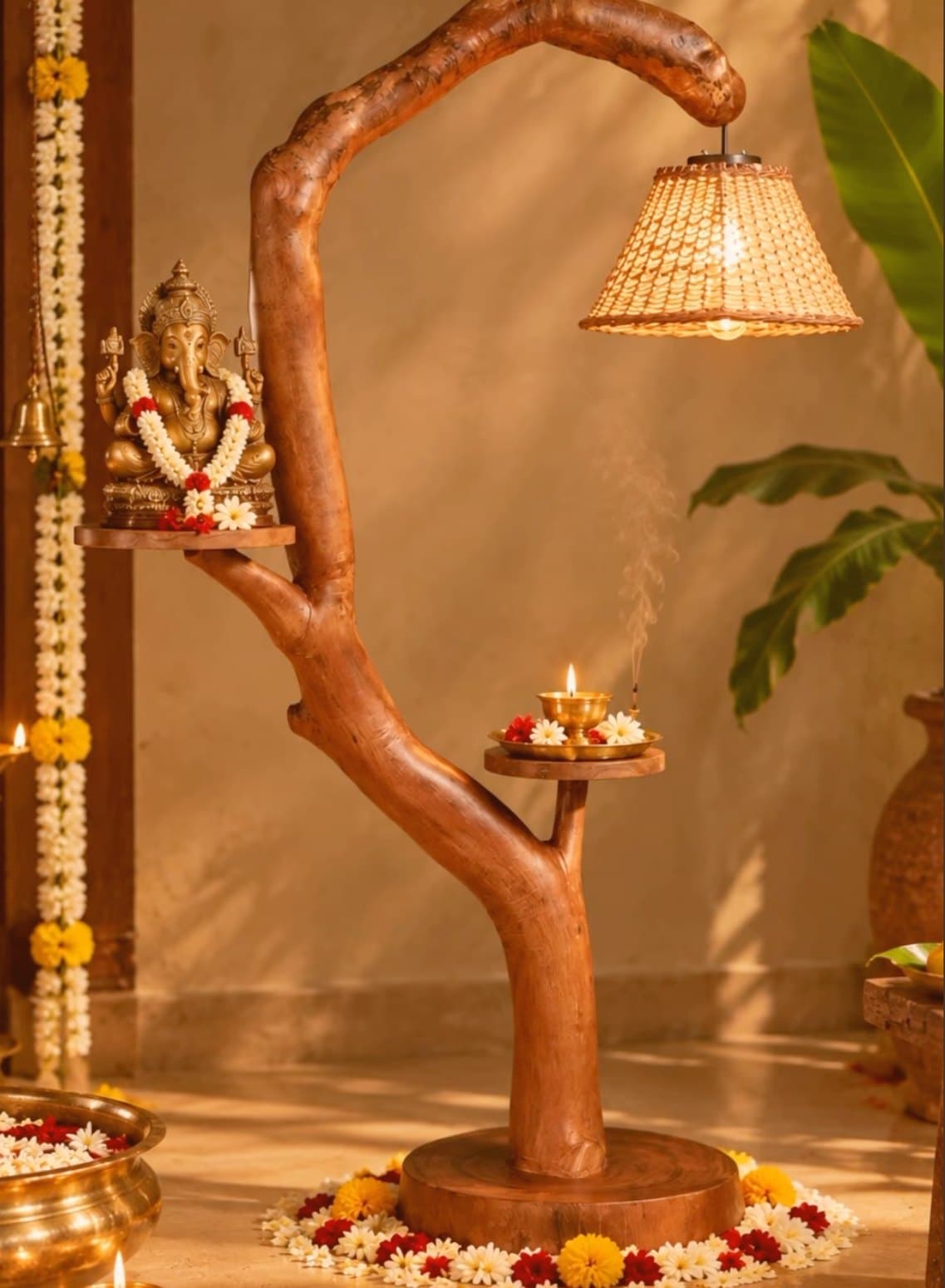 A branch shaped wooden lamp stand holding a brass deity, a lit lamp and a cane shade