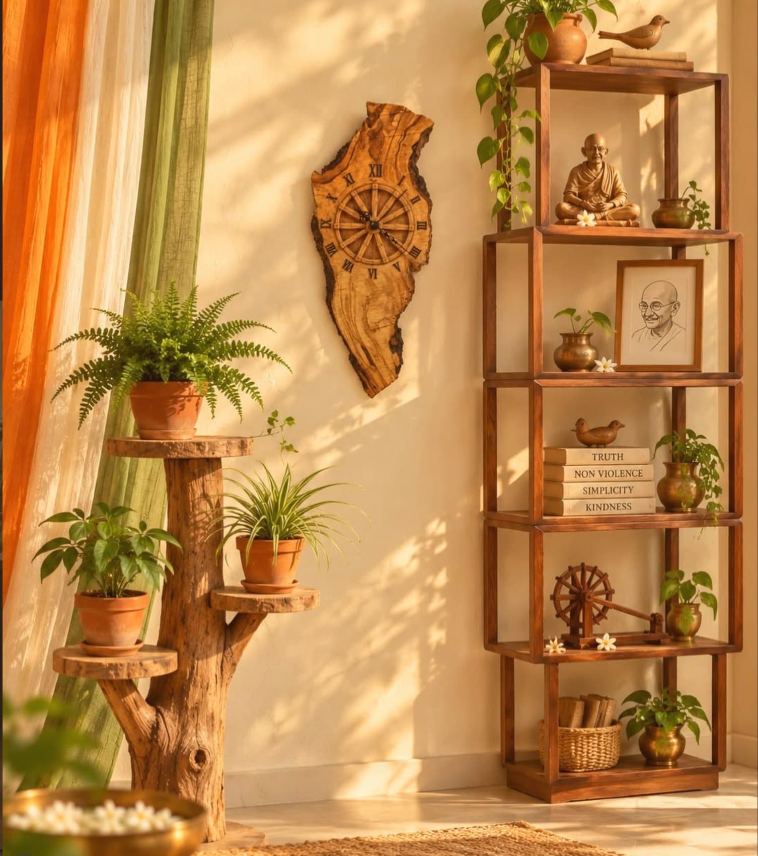 A live edge wall clock and a tiered wooden shelf in a sunlit room with plants and brass pots